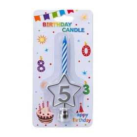 Dortisimo Svíčka modrá s LED stříbrným podstavcem ve tvaru hvězdy číslo 5