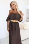614-1 Maxi šaty v boho stylu s odhalenými rameny a páskem - CHOCOLATE UNI