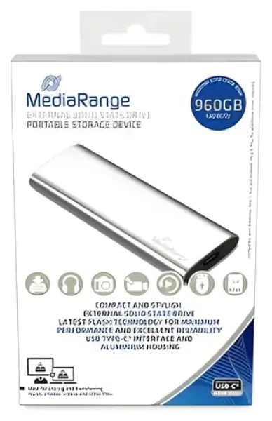 MediaRange 960GB stříbrná / Externí SSD / M.2 SATA III / TLC / USB-C / R:450MB/s / W:420MB/s (MR1103)