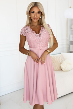 381-6 Lehké šifonové šaty LINDA s krajkovým výstřihem - BRUCE PINK L