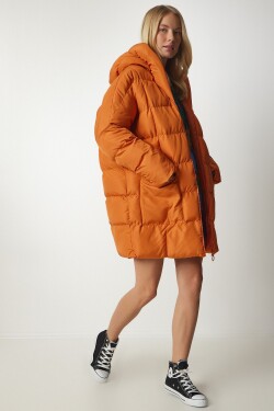 Happiness İstanbul Dámský oranžový oversized péřový kabát kapucí