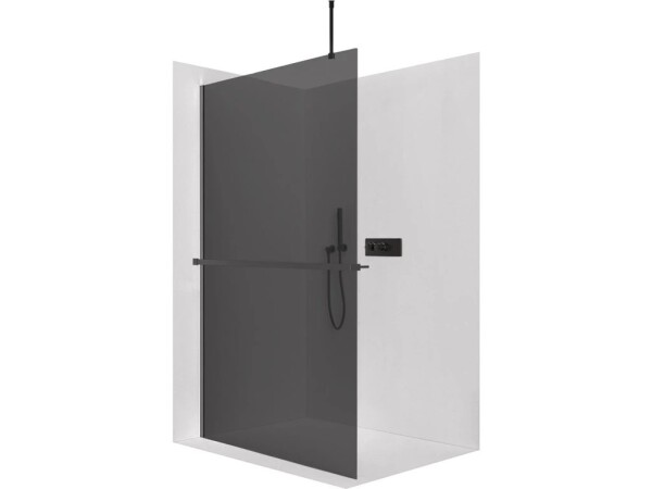 CERANO Sprchová zástěna Walk-in Onyx Top Round L/P - 10 mm - kulatá vzpěra + polička/držák na ručníky - černá matná, grafitové sklo - 110x200 cm