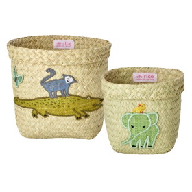 Rice Úložný košík Raffia Round Animals - set 2 ks, zelená barva, přírodní barva