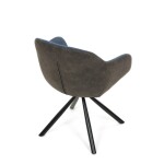 Židle jídelní, modrá látka a tmavě šedá látka v dekoru vintage kůže, černý kov, otočná P90°+ L90° s vratným mechanismem