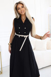 596-3 Elegantní midi košilka se zlatými knoflíky a páskem - ČERNÁ UNI
