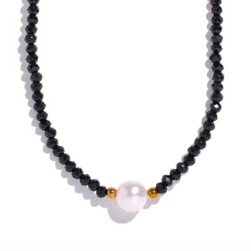 Náhrdelník s bílou perlou a černými krystaly, chirurgická ocel, Černá 40 cm + 5 cm (prodloužení)