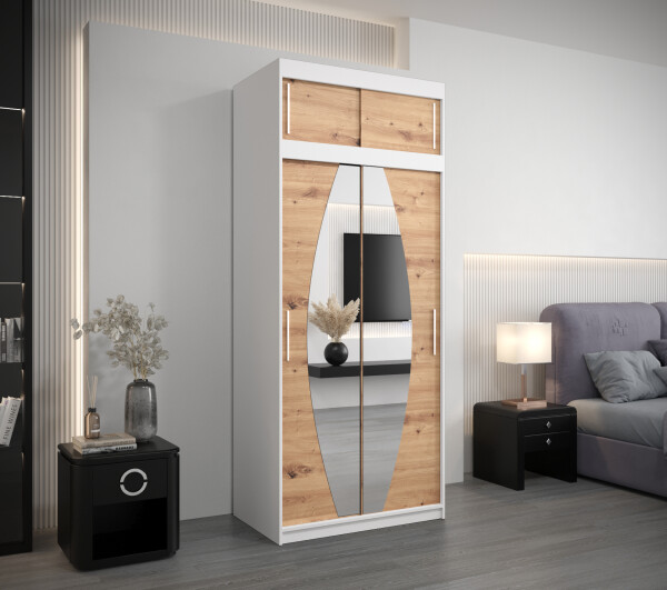 Šatní skříň Abi E0 s nástavcem Barva korpusu: Bílá, Rozměry: 100 cm, Dveře: Dub artisan