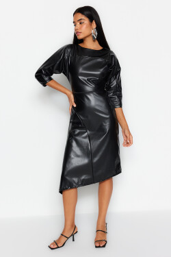 Trendyol černé tkané šaty umělé kůže asymetrickým rozepínáním sukně pase