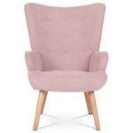 Křeslo "ušák" s podnožkou, potah starorůžová látka, nohy masiv kaučukovník