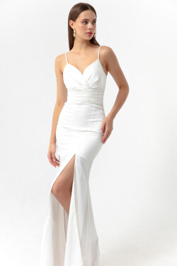 Lafaba Women's White Evening Dress with Straps and Slit in Long Satin Prom.