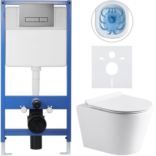 CERANO Kompletní podomítkový WC set Lite/Carlito - bílá lesklá - WC tlačítko Slim, tmavě šedá - předstěnová instalace/sádrokarton - 48,5x36,5 cm