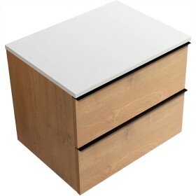 CERANO Koupelnová skříňka Velora - dub medový, úchytka černá + deska z lit. mramoru Elanys - 12 mm - bílá matná - 70x54,2x46,5 cm