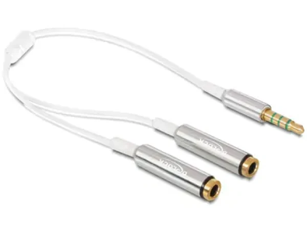 Delock adaptér stereo jack 3,5 mm samec,4 pin 2 x stereo jack 3,5 mm samice,4 pin / 25cm / bílý / stříbrný (65576)