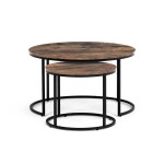 Set 2 ks stolků, MDF deska, dekor staré dřevo, kovová podnož, černý lak