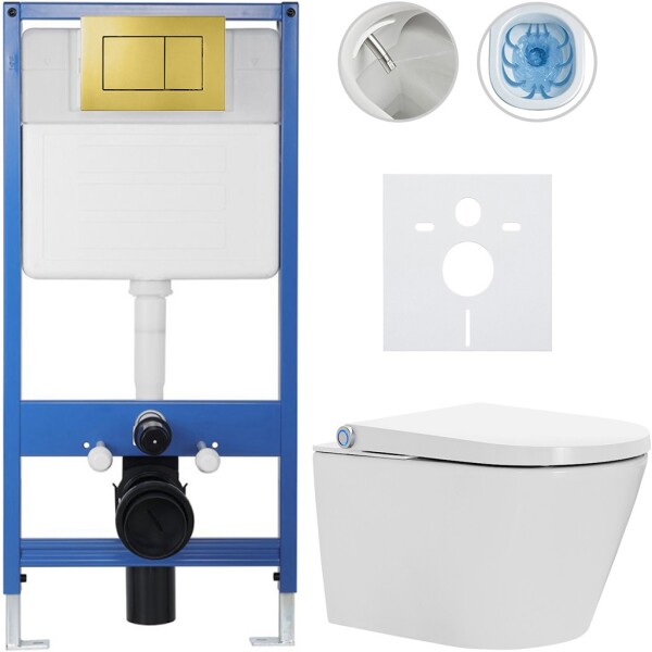 CERANO Kompletní WC set Profi/Cronus Standard - bílá lesklá - WC tlačítko Classic/Zlatá - předstěnová instalace - 59,3x38,4 cm