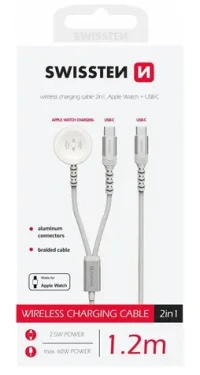 SWISSTEN Magnetický kabel pro Apple Watch a USB-C 1.2m bílá / USB-C / 2v1 / 60W / opletený (22065504)