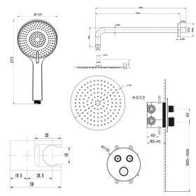 SAPHO - SMART SELECT podomítkový sprchový set s termostatickou baterií, 2 výstupy, vyústění, zlato mat RP032GB-01