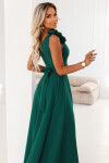 643-1 Elegantní večerní maxi šaty s rozparkem a růžemi - lahvově zelené M
