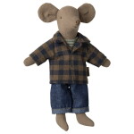 Maileg Kostkovaná košile a džíny pro myšáka / Dad Mouse, hnědá barva, kov, textil