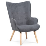 Křeslo "ušák" s podnožkou, potah šedá látka, dřevěné nohy, masiv kaučukovník