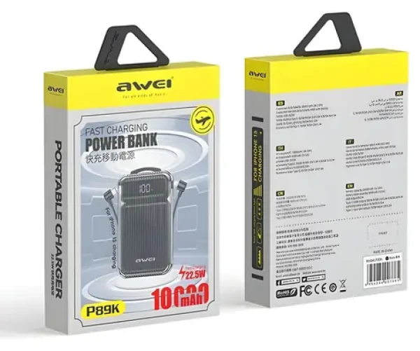Awei P89K černá / Powerbanka / 10000mAh / Bezdrátové nabíjení / PD 20W / kabely USB-C + Lightning (P169K)