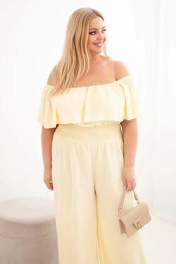 Dámská kombinéza Plus Size s odhalenými rameny, s volánem a širokými nohavicemi žlutý UNI