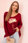 Dámská blůza z viskózy s dlouhým rukávem a zlatým květinovým potiskem bordová UNI