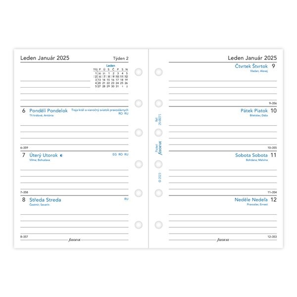 FILOFAX kalendář 2025 kapesní, týden/2 str, linky, ČJ+SJ