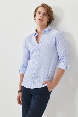 AC&Co / Altınyıldız Classics Men's White-light Blue Slim Fit Slim Fit Buttoned Collar Striped Shirt