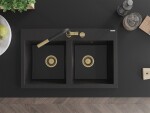 MEXEN/S - Hektor granitový dřez 2-bowl 800 x 480 mm, černá/stříbrná metalik, zlatý sifon 6521802000-73-G