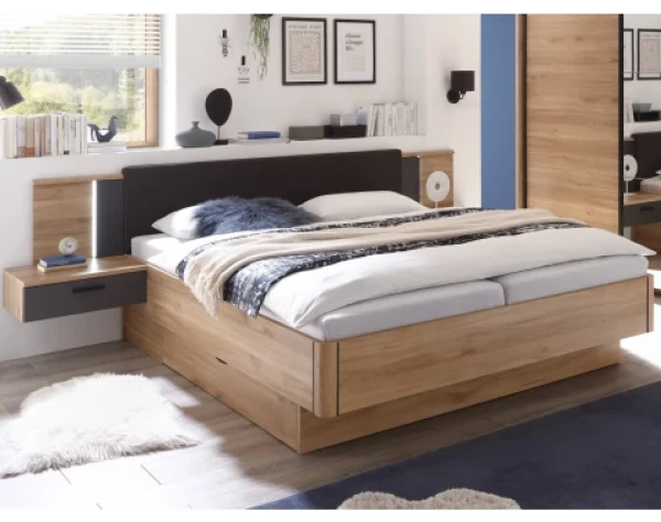 Postel s nočními stolky a osvětlením Aschau 180x200 cm, dub mauvella/grafit
