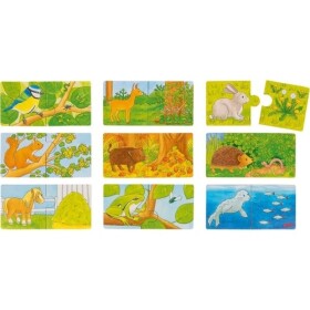 Dřevěné puzzle dvojice Zvířátka jejich potrava 9x2 dílků