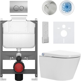 CERANO - Závěsné WC s bidetem Basic/Cronus Premium - bílá lesklá - WC tlačítko Dualo/Stříbrná - ovládání shora - předstěnová instalace - 59,3x38,4 CER-8050BD86475