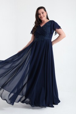 Lafaba Women's Navy Blue Double Breasted Stone Long Chiffon Evening Dress