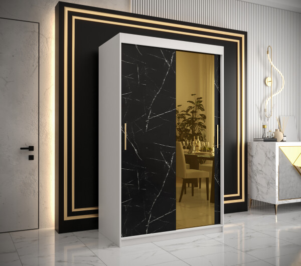 Šatní skříň Abi Golden T2 Barva korpusu: Bílá, Rozměry: 120 cm, Dveře: Černý mramor se zlatým zrcadlem