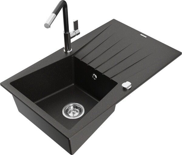 MEXEN/S - Cesar granitový dřez 1-miska s odkapávačem včetně baterie Flora, černá/zlatá metalik 6514-75-670401-07