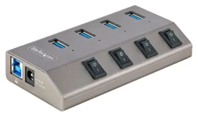 StarTech USB Hub 4 porty šedá / USB rozbočovač / 4x USB-A / jednotlivé vypínače portů / napájecí adaptér (5G4AIBS-USB-HUB-EU)