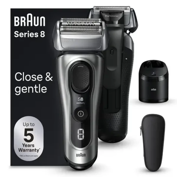 Braun Series 8 stříbrno-černá / Planžetový holicí strojek / zastřihovač / LED displej / voděodolný / 60 min provoz (8567CC)