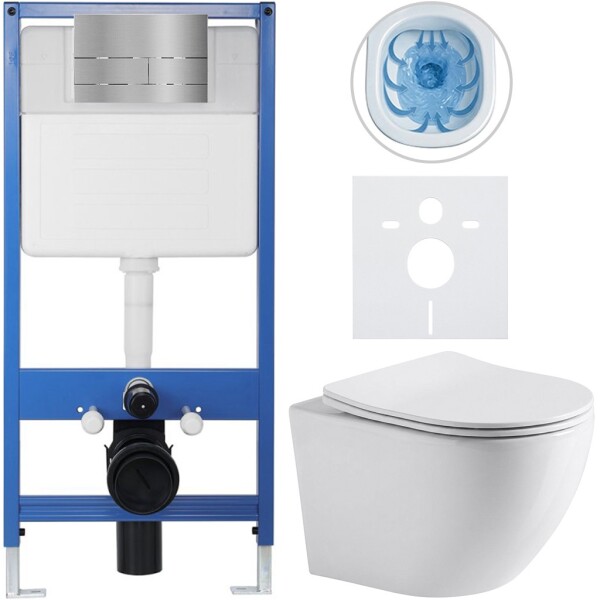 CERANO Kompletní podomítkový WC set Lite/Cesso - bílá lesklá - WC tlačítko Line, nerez - předstěnová instalace - 49x36 cm - 8050BD84243