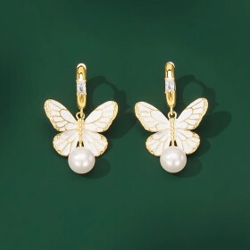 Náušnice s perlou a zirkony Barbara - motýl, Zlatá Bílá