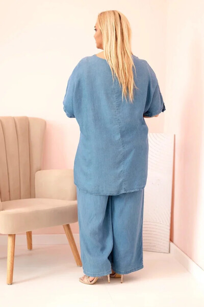 Dámská souprava Plus Size z tencelu, halenka s vázáním a široké kalhoty džínový UNI