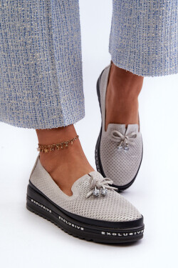 Lesklé Dámské Kozačky Ze Kůže Na Platformě S.Barski LR400 Stříbrné 39