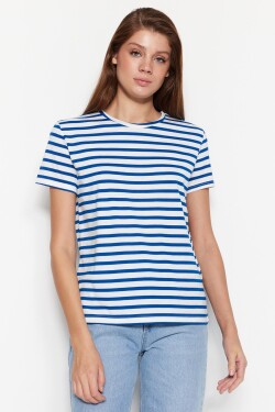 Trendyol námořnicky modré pruhované základní tričko s kulatým výstřihem