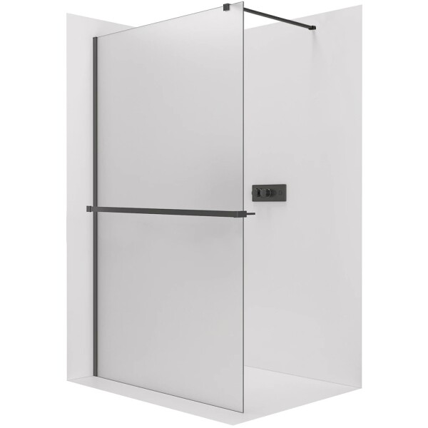 CERANO Sprchová zástěna Walk-in Onyx Cube L/P - 8 mm + polička/držák na ručníky - hranatá vzpěra - černá matná, mléčné sklo - 150x200 cm