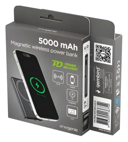 Magnetická bezdrátová powerbanka 5000 mAh černá / Powerbanka / 15 W bezdrátově / LCD displej (PB05-WPC15M-LCD-01)