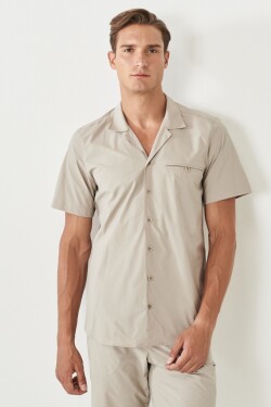 ALTINYILDIZ CLASSICS Men's Beige Slim Fit Slim Fit Mono Collar Short Sleeve Casual Shirt