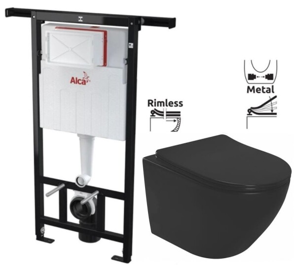 ALCA Předstěnový instalační systém bez tlačítka + WC REA CARLO MINI RIMLESS ČIERNY MAT + SEDADLO AM102/1120 X MM1