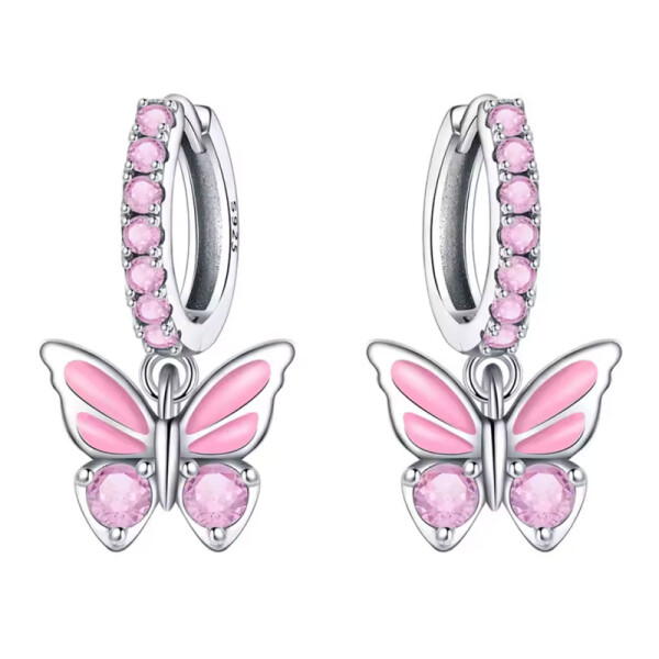 Stříbrné náušnice s růžovým motýlkem - stříbro 925/1000, Růžová