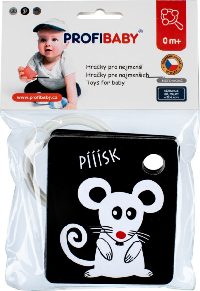 Kartičky/chrastítko černobílé kontrastní s barevným prvkem 9x10,5cm v sáčku 0+