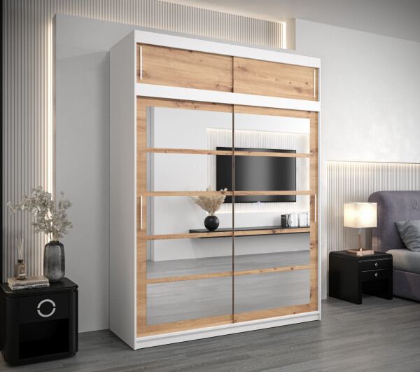 Šatní skříň Abi Ro2 s nástavcem Barva korpusu: Bílá, Rozměry: 200 cm, Dveře: Dub artisan
